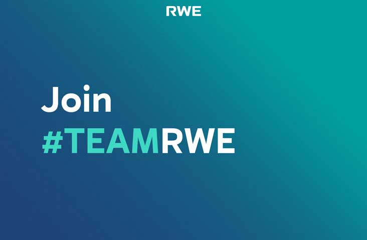 A gradient background with the text 'Join #TEAMRWE' prominently displayed. The RWE logo is positioned at the top.