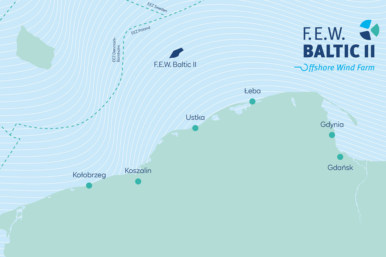 A map showing the F.E.W. Baltic II offshore wind farm location and nearby towns like Gdynia and Gdańsk.