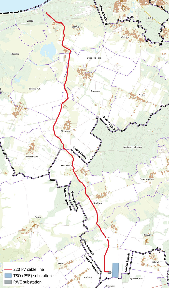 A map showing a red 220 kV cable line, TSO (PSE) and RWE substations across rural areas and municipalities in Poland.