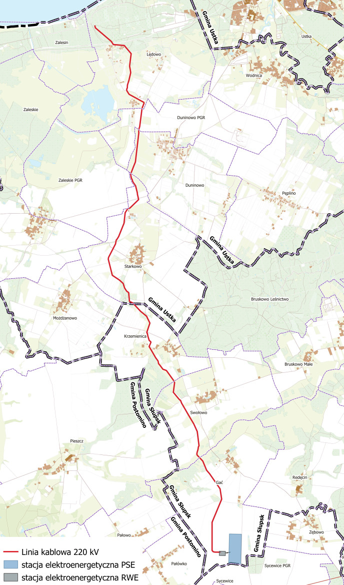 Mapa pokazująca linię kablową 220 kV na czerwono, z oznaczonymi stacjami energetycznymi PSE i RWE.