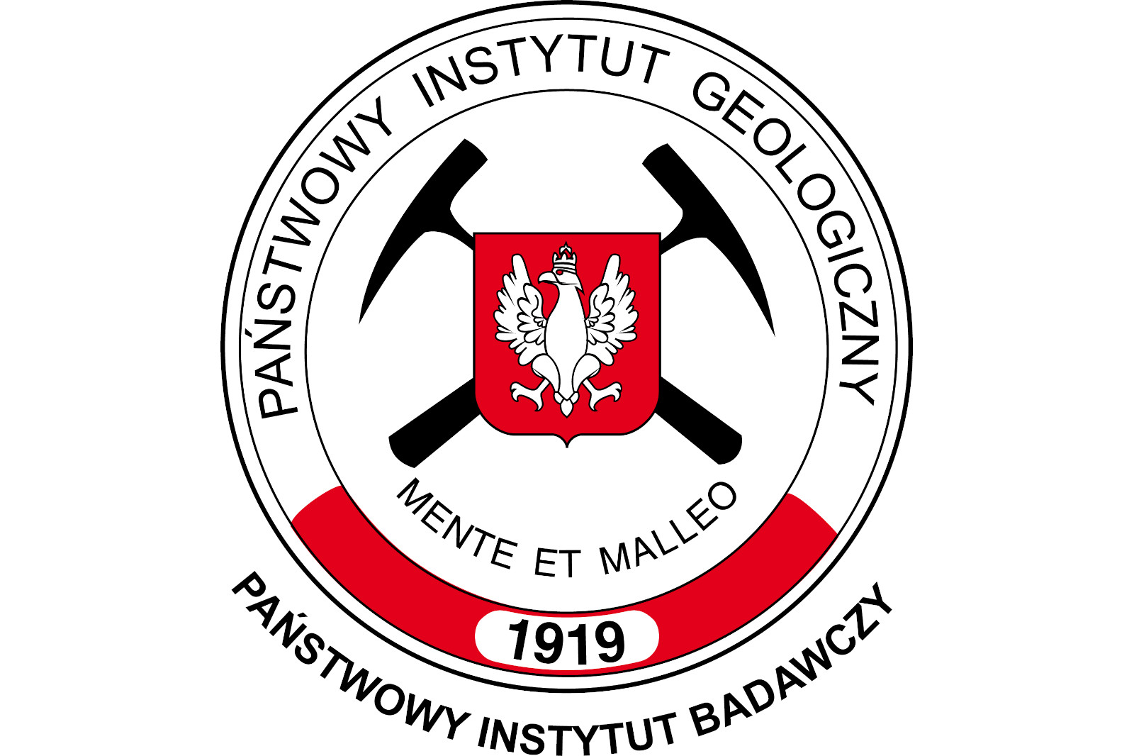 The logo of the Państwowy Instytut Geologiczny includes a shield with a white eagle, and two mining tools crossed behind it.