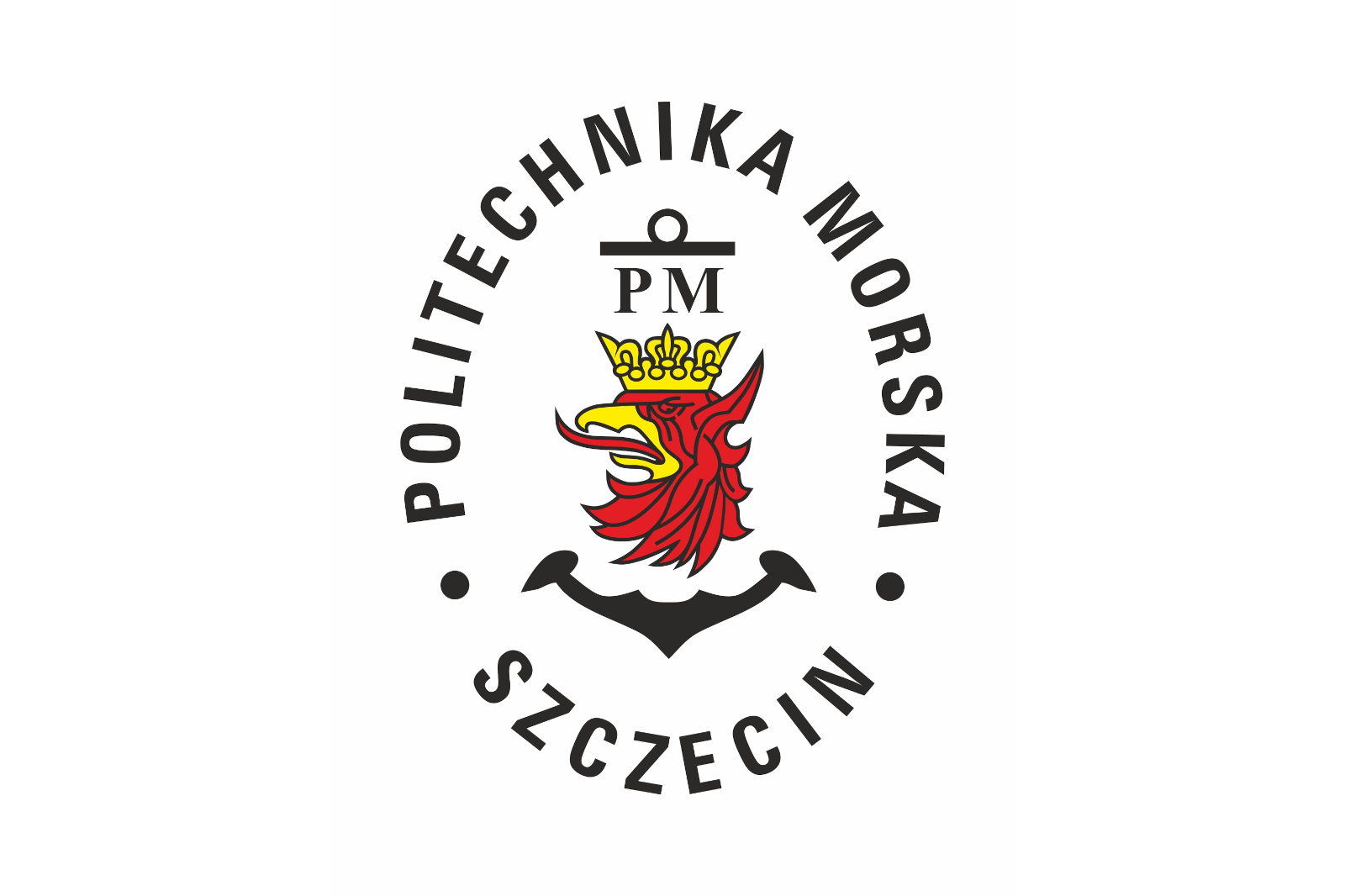 The logo of Politechnika Morska features a red dragon with a crown, an anchor, and the letters PM, surrounded by text.