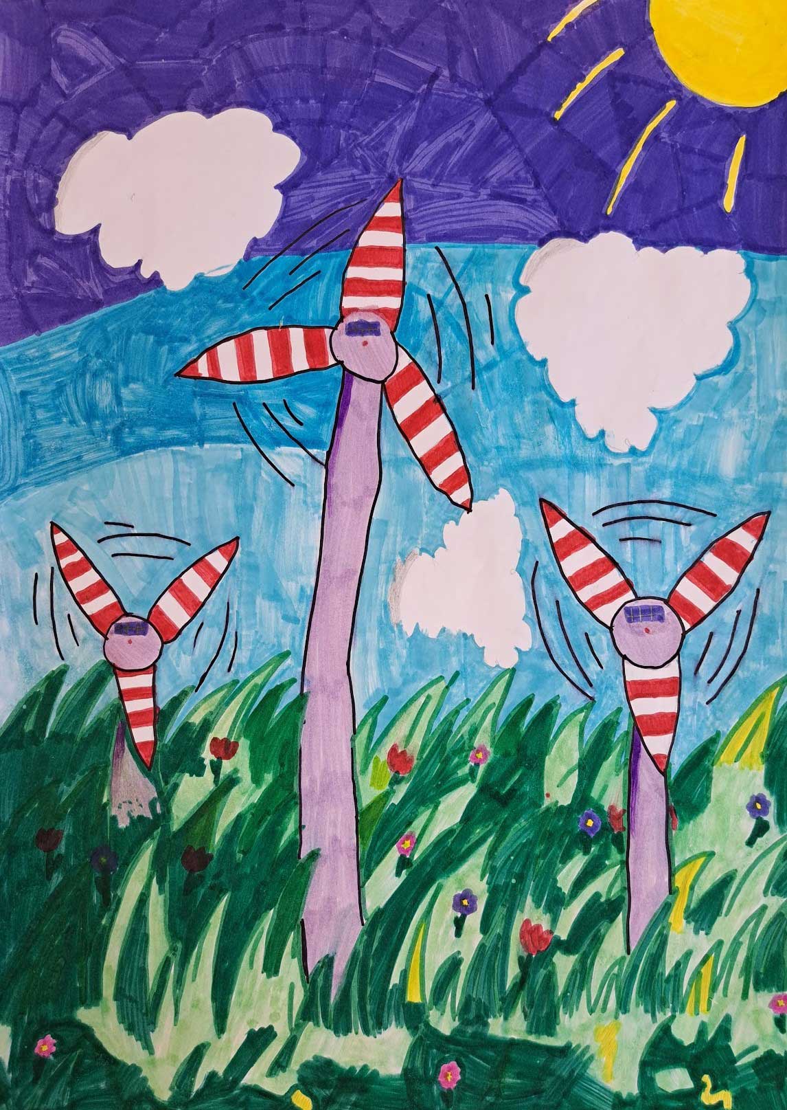 A colourful drawing of three wind turbines with red and white blades, set amidst green grass and a bright blue sky with clouds.