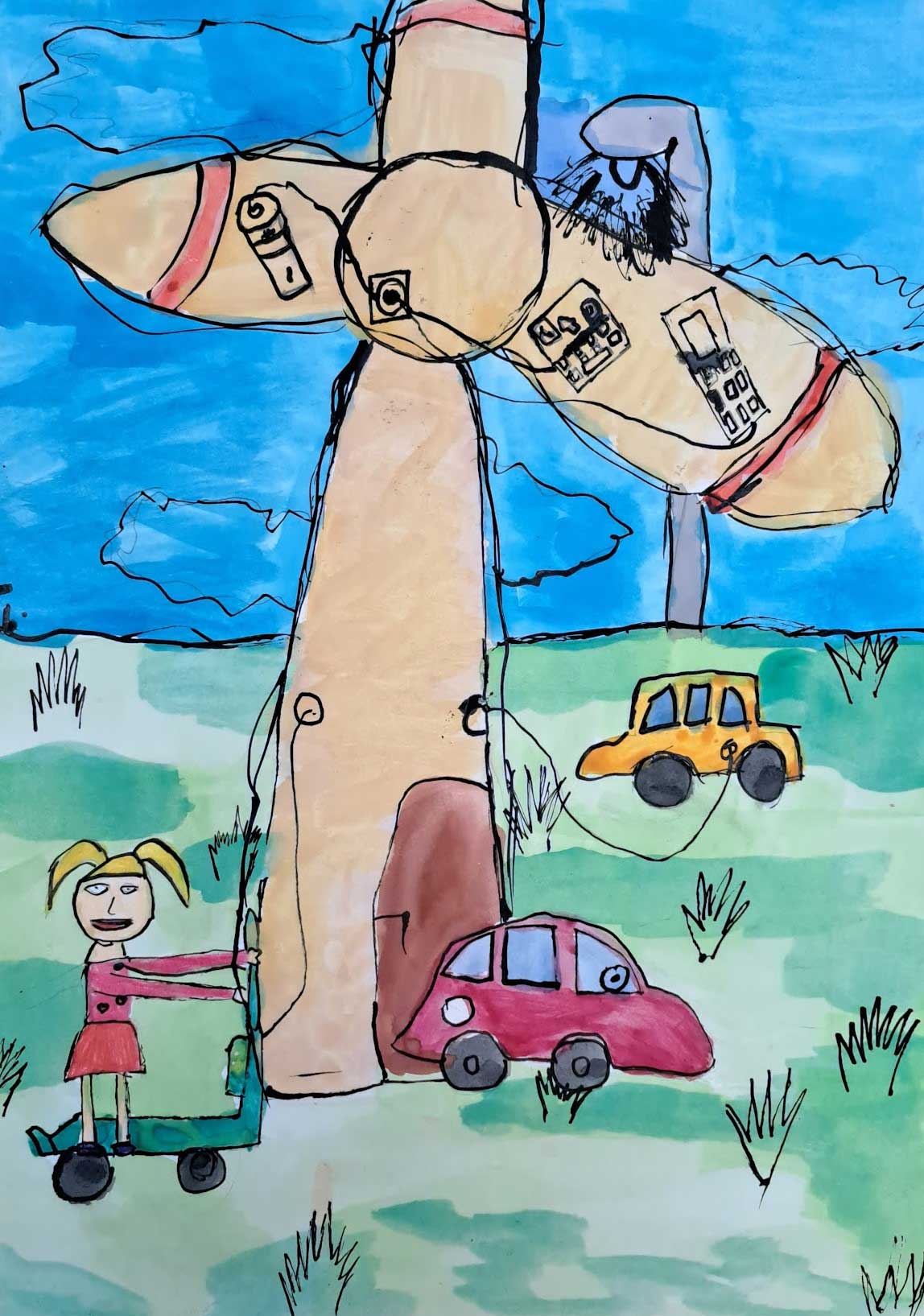A cartoonish landscape features a windmill, cars, and a child on a scooter, surrounded by green grass and a blue sky.