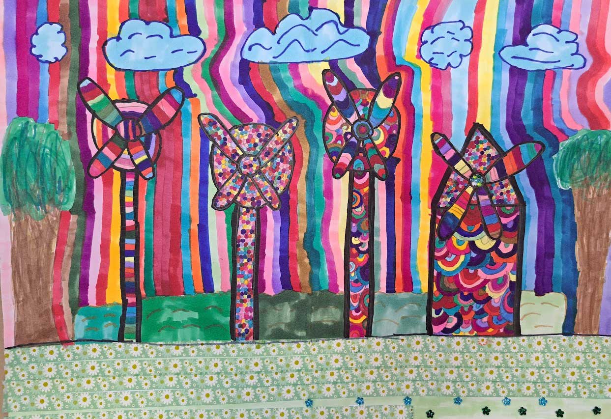 A colourful drawing of wind turbines with patterned blades against a striped background and fluffy clouds in a vibrant sky.