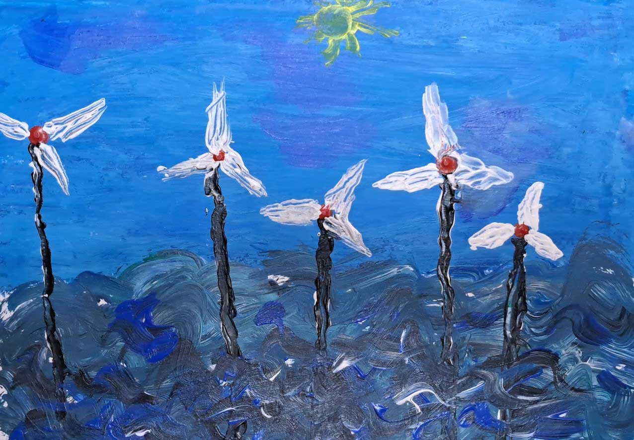A vibrant blue painting depicting five abstract wind turbines with white blades and red centres, under a yellow sun.