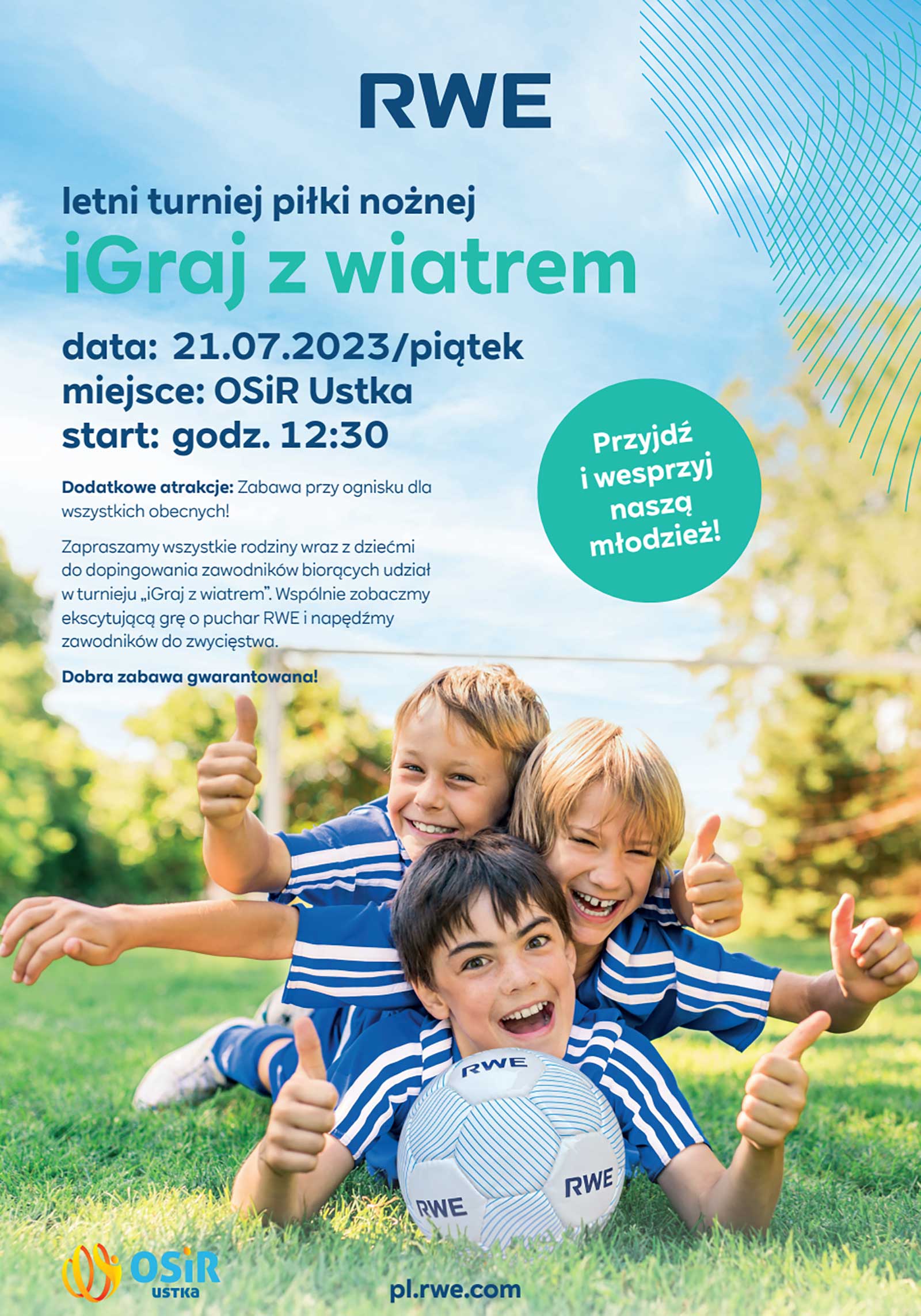 Children in football jerseys playfully posing with a football on the grass, promoting a summer tournament called iGraj z wiatrem in Ustka.