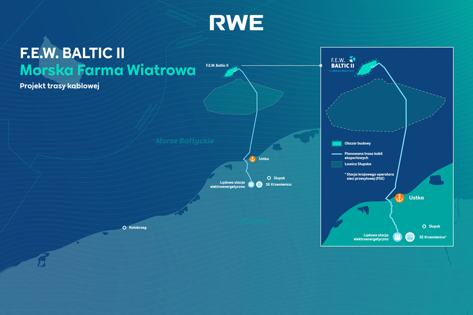 Mapa przedstawiająca projekt morskiej farmy wiatrowej F.E.W. BALTIC II oraz trasę kablową w Morzu Bałtyckim.