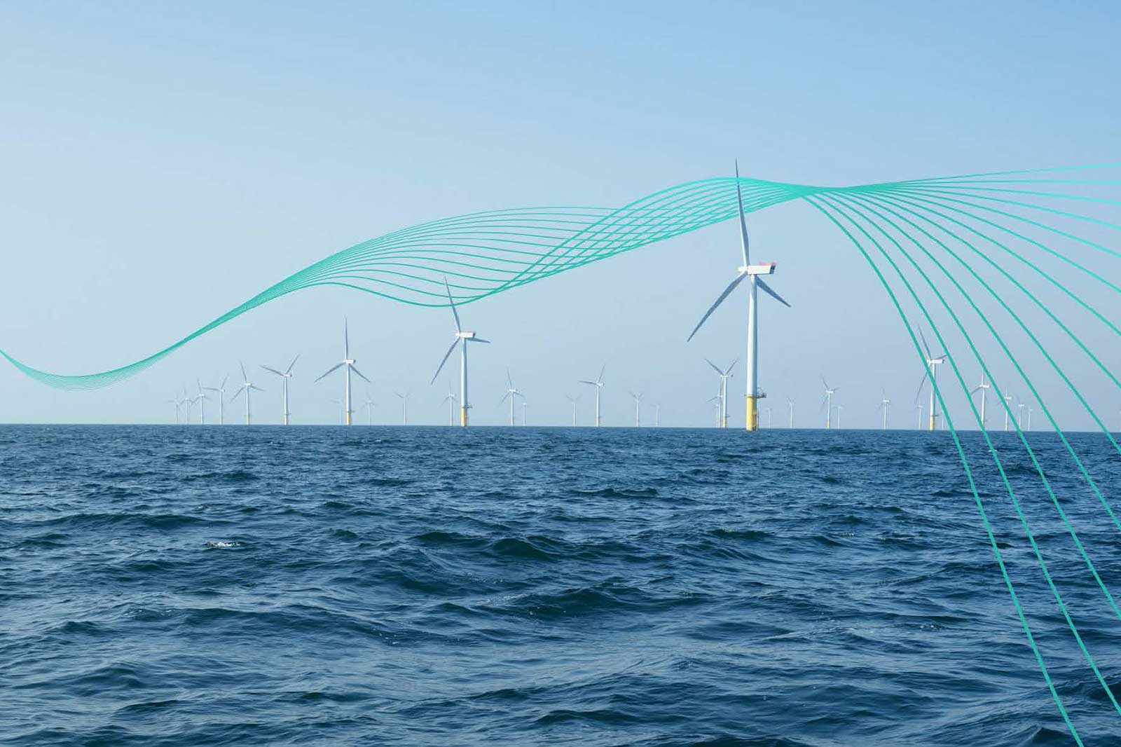 A serene view of offshore wind turbines in the sea with a clear blue sky and elegant green lines above.