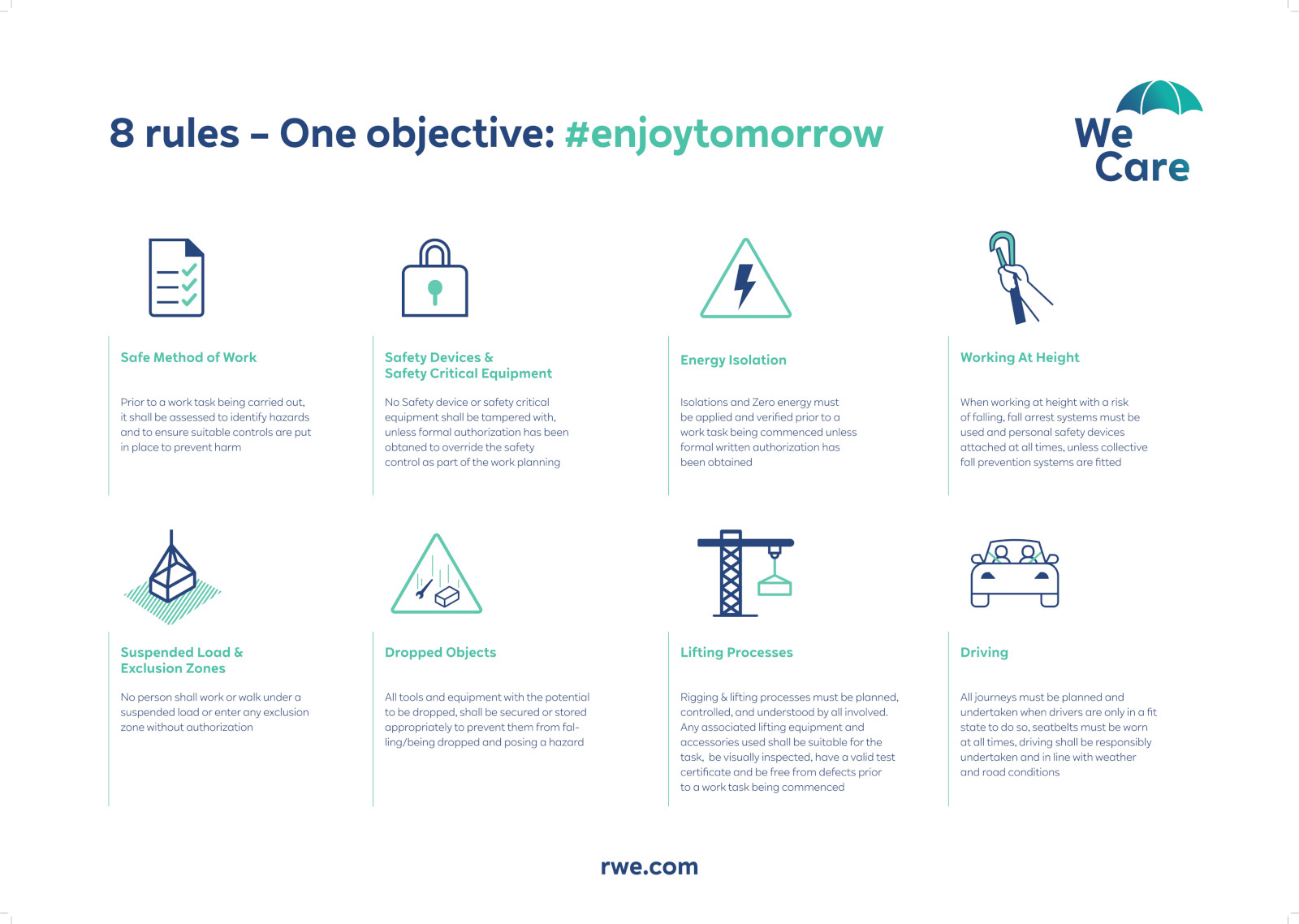 A safety guideline poster detailing 8 rules for work safety with icons and text, emphasising #enjoytomorrow.