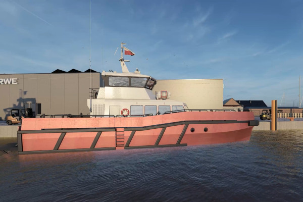 A pink boat docked at a waterfront with buildings in the background. The sky is clear and blue.