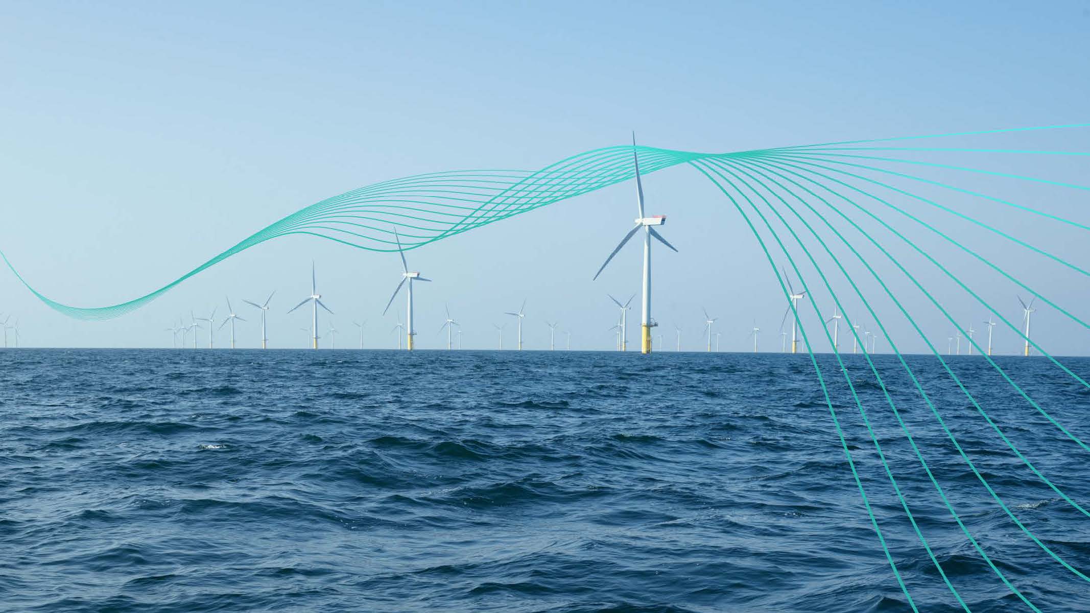 A serene ocean view with multiple wind turbines in the distance and teal lines representing wind flow above.
